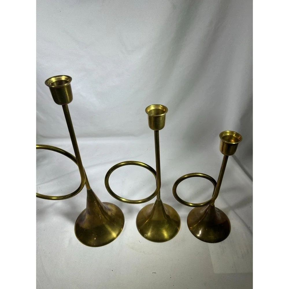 Vintage Brass CandleStick Holder French Horn Bugle Christmas Decor Set of 3 MCM
